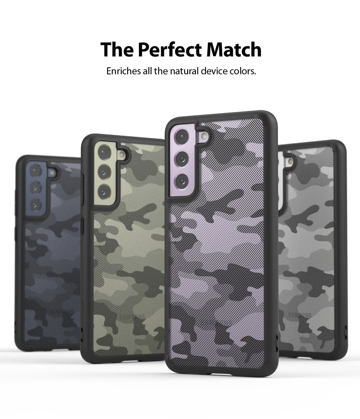Galaxy S21 FE Case | Fusion - Four Galaxy S21 FE phones in black cases with various camouflage patterns and colored camera modules.