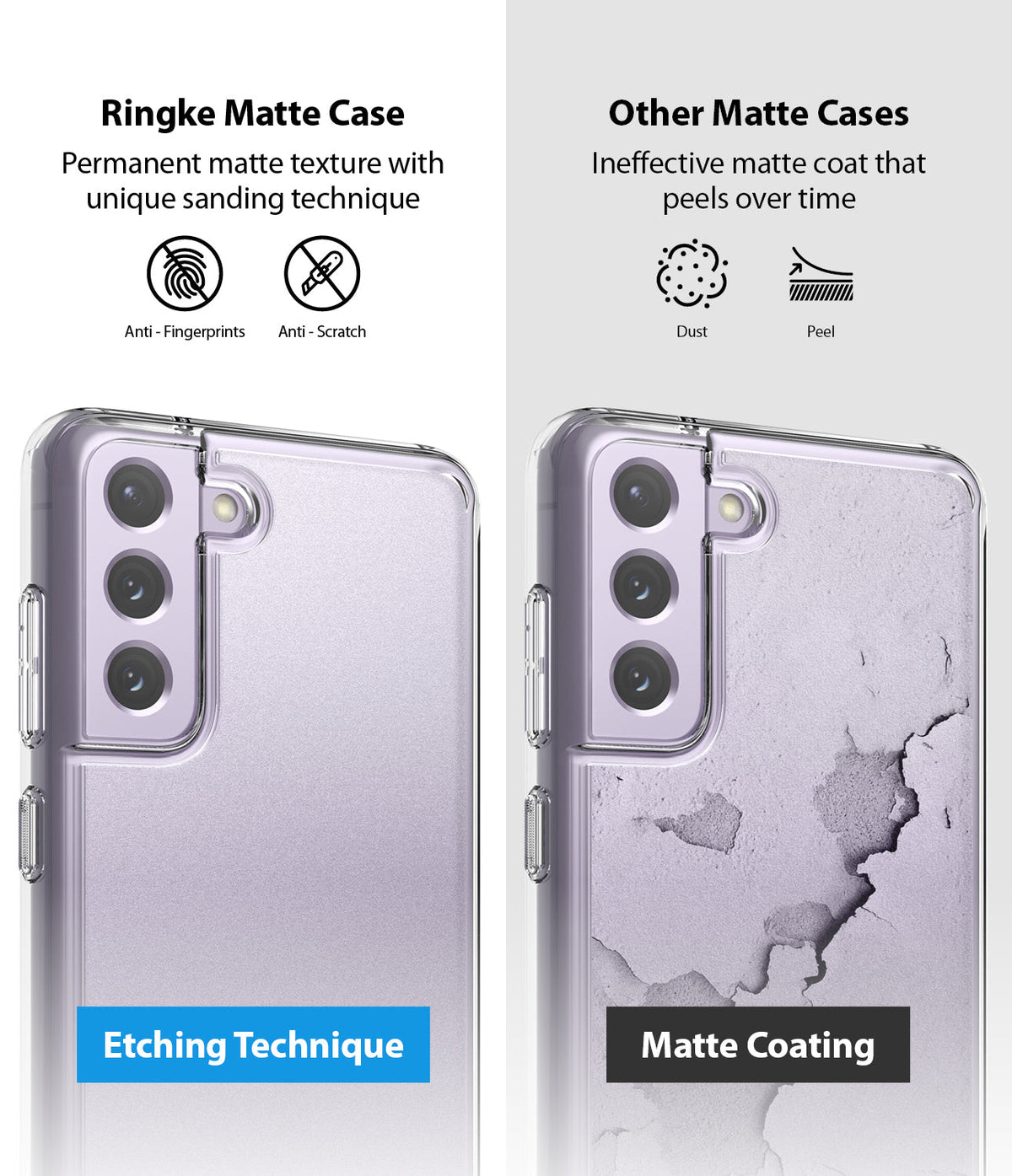 Galaxy S21 FE Case | Fusion - Comparison showing a durable etched matte case versus a peeling matte coated case.