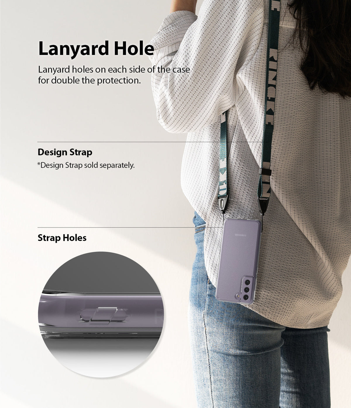 Galaxy S21 FE Case | Fusion - Person wearing a phone case with a lanyard strap attached to side holes for security.