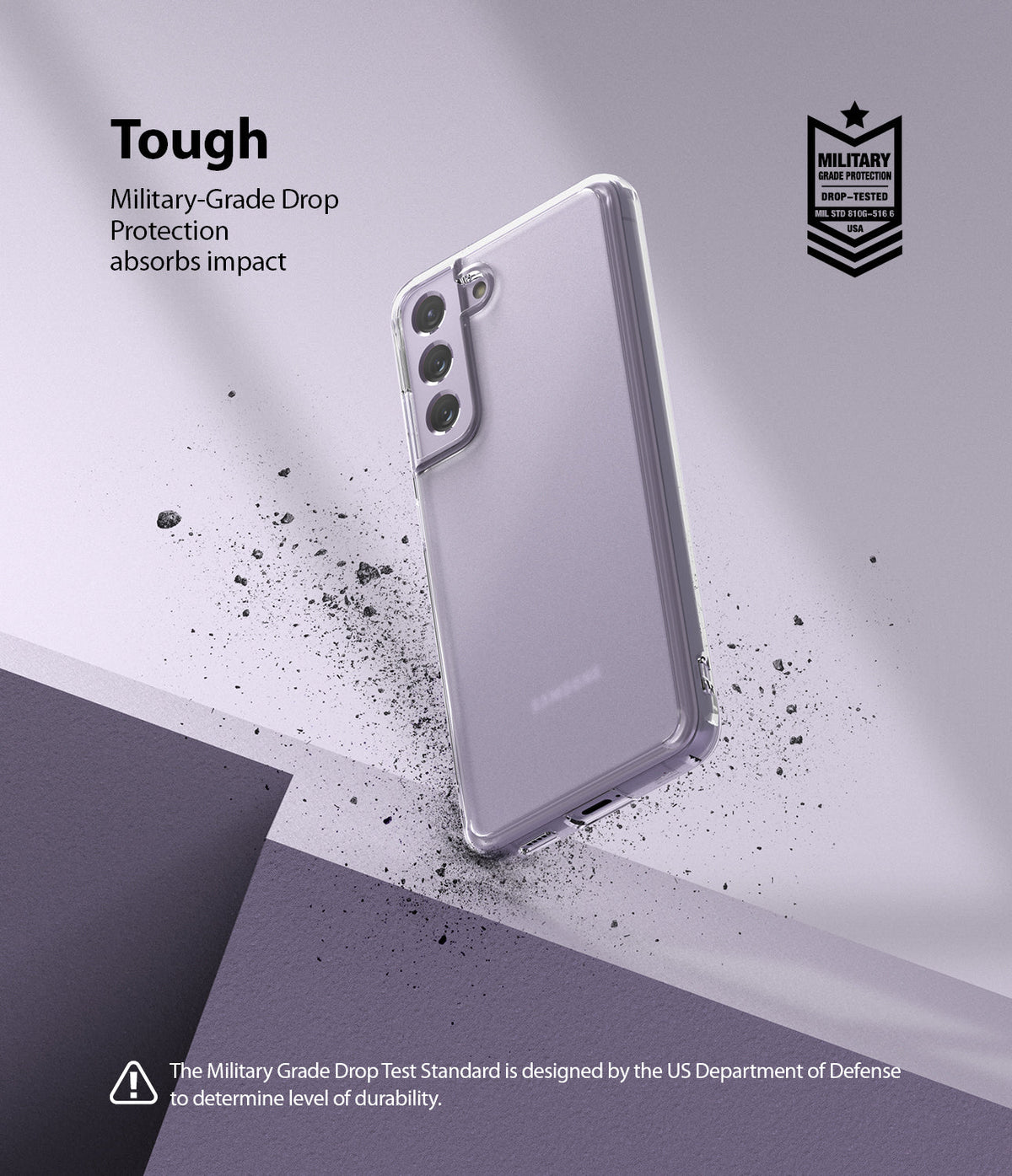Galaxy S21 FE Case | Fusion - Clear phone case on a purple background with debris, highlighting military-grade drop protection.
