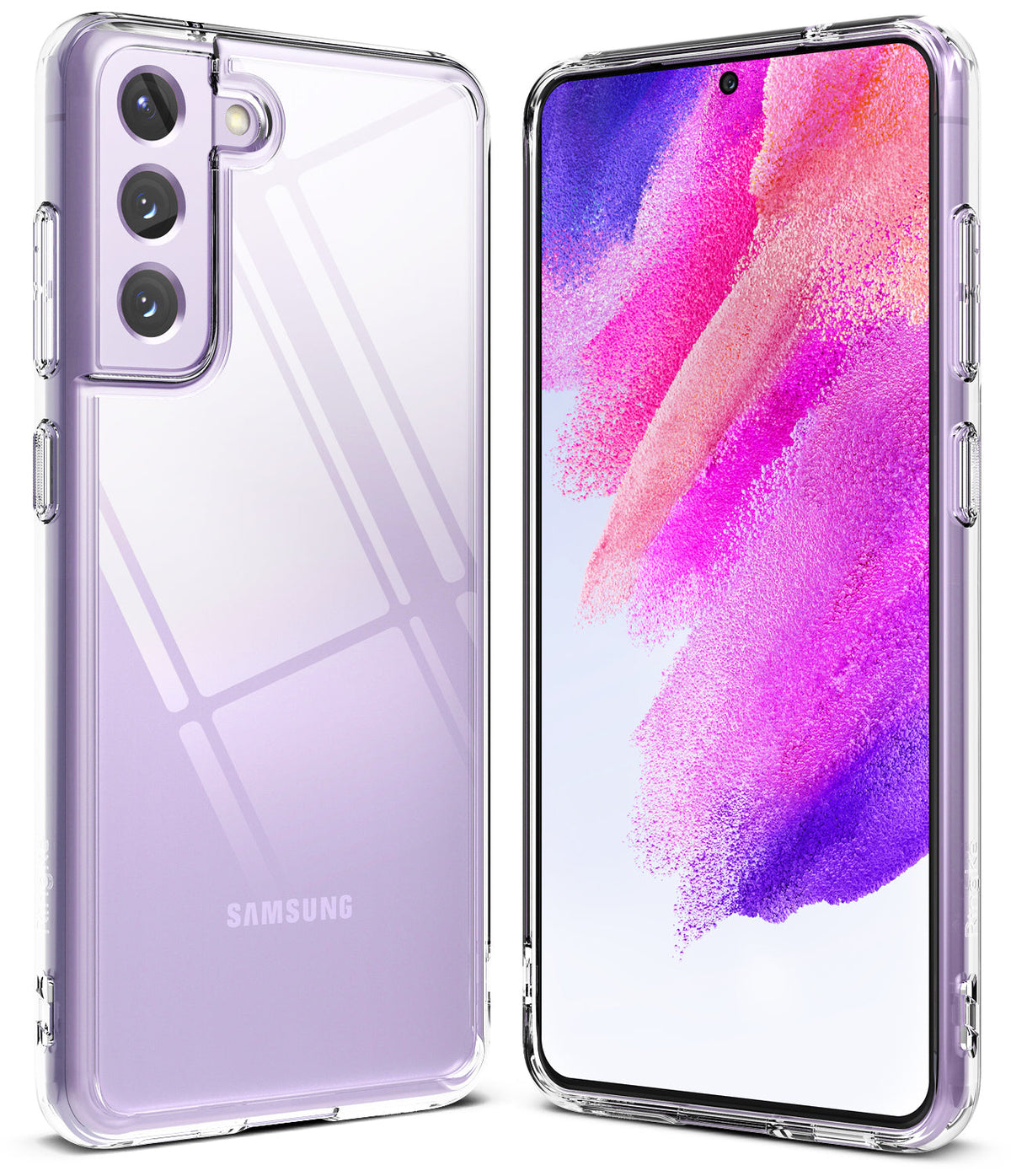 Galaxy S21 FE Case | Fusion - Clear protective case on a lavender Samsung Galaxy S21 FE, shown from front and back angles.