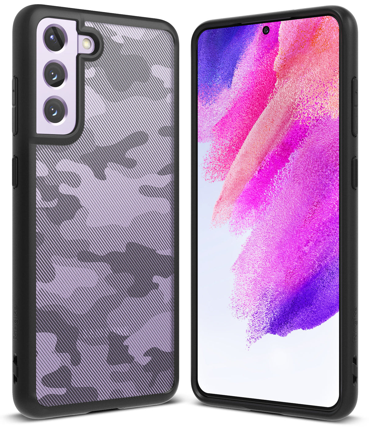 Galaxy S21 FE Case | Fusion - Purple camouflage phone case with black frame shown from back and front views.
