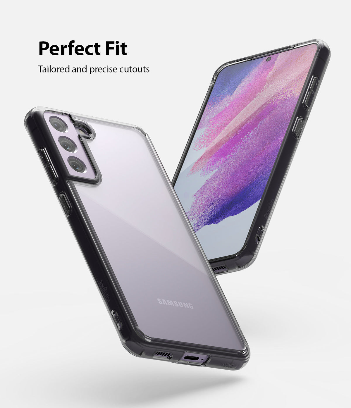 Galaxy S21 FE Case | Fusion - Two views of a clear phone case on a Galaxy S21 FE showing precise cutouts and fit.