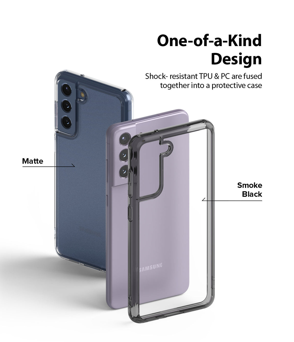 Galaxy S21 FE Case | Fusion - Exploded view of a phone case with matte and smoke black layers over a lavender phone.