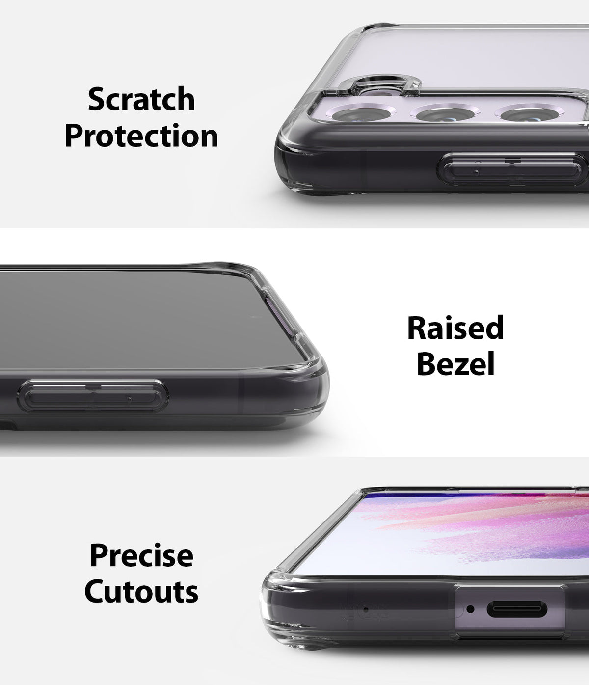 Galaxy S21 FE Case | Fusion - Three close-up views of a clear phone case highlighting scratch protection, raised bezels, and cutouts.