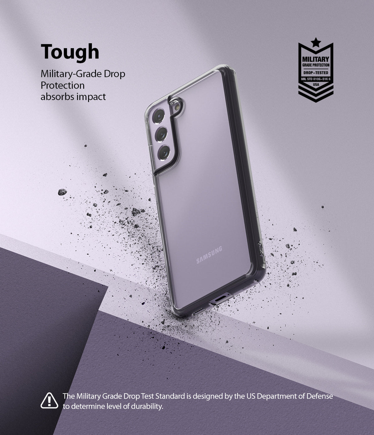 Galaxy S21 FE Case | Fusion - A clear phone case on a Galaxy S21 FE floating above debris with a military-grade protection badge.