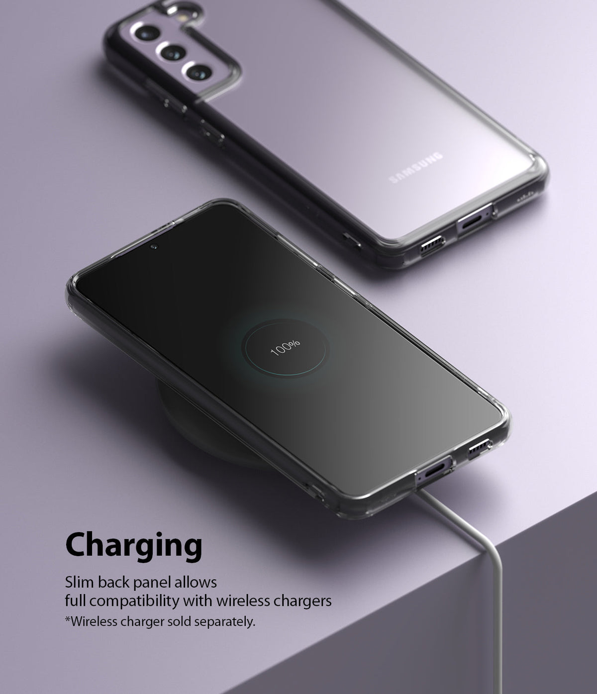 Galaxy S21 FE Case | Fusion - A clear phone case on a Galaxy S21 FE charging wirelessly on a pad against a purple background.
