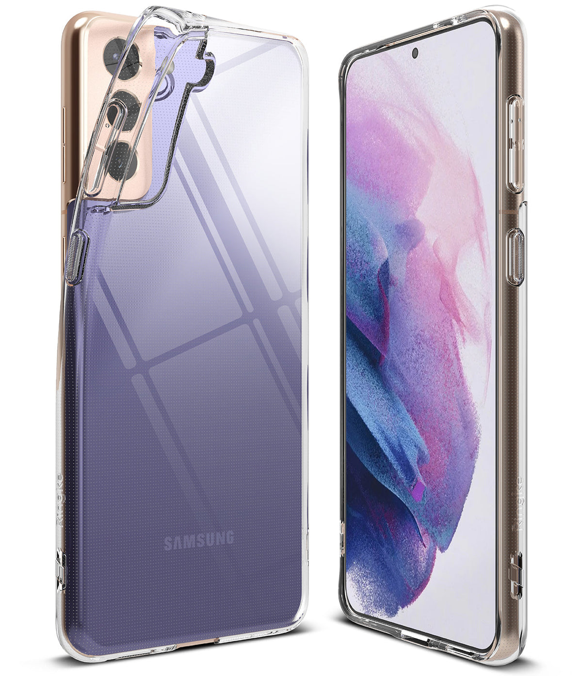 Galaxy S21 Plus Case | Air - Clear protective phone case shown from back and front on a purple Samsung Galaxy S21 Plus.