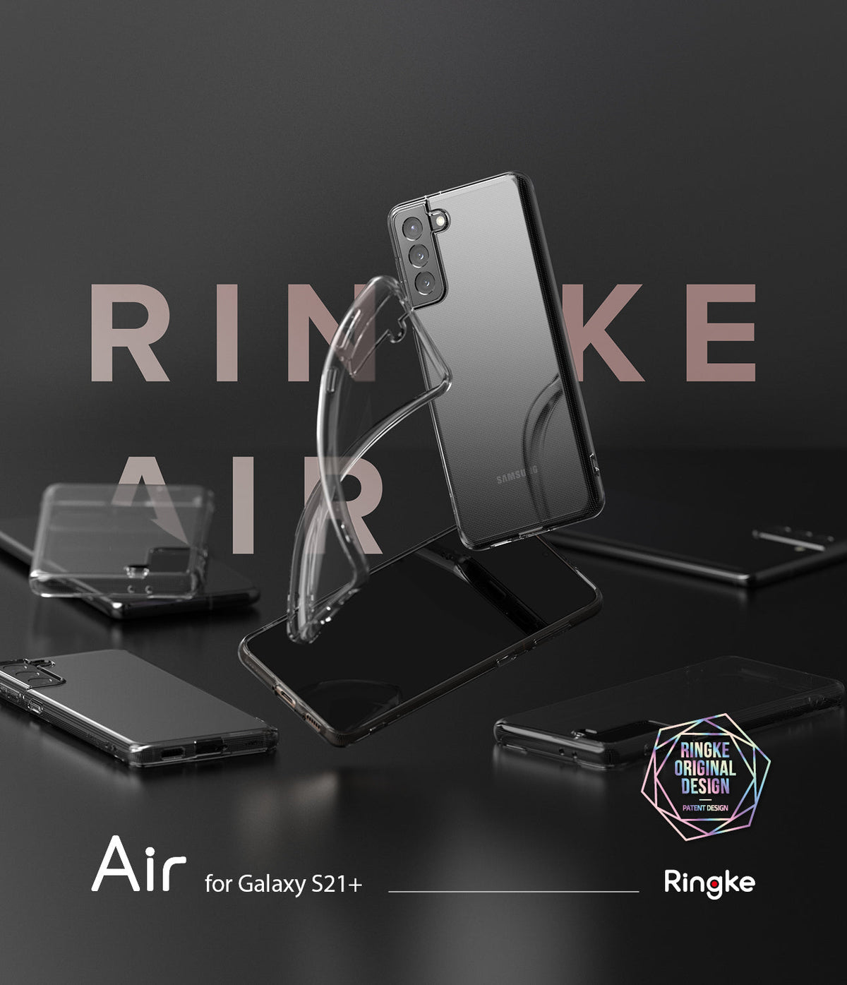 Galaxy S21 Plus Case | Air - Clear protective phone cases floating against a dark background with Ringke branding.