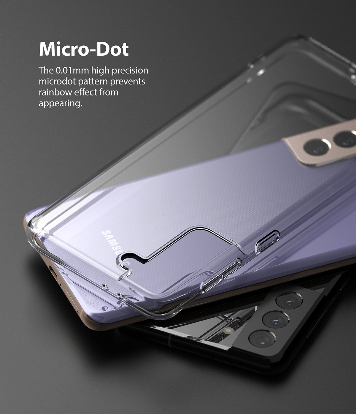 Galaxy S21 Plus Case | Air - Clear phone case with micro-dot pattern on a purple Galaxy S21 Plus smartphone.