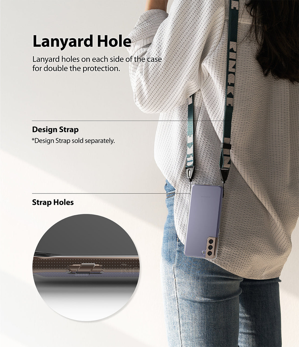 Galaxy S21 Plus Case | Air - A person wearing a phone case with a lanyard, highlighting the dual strap holes for attachment.
