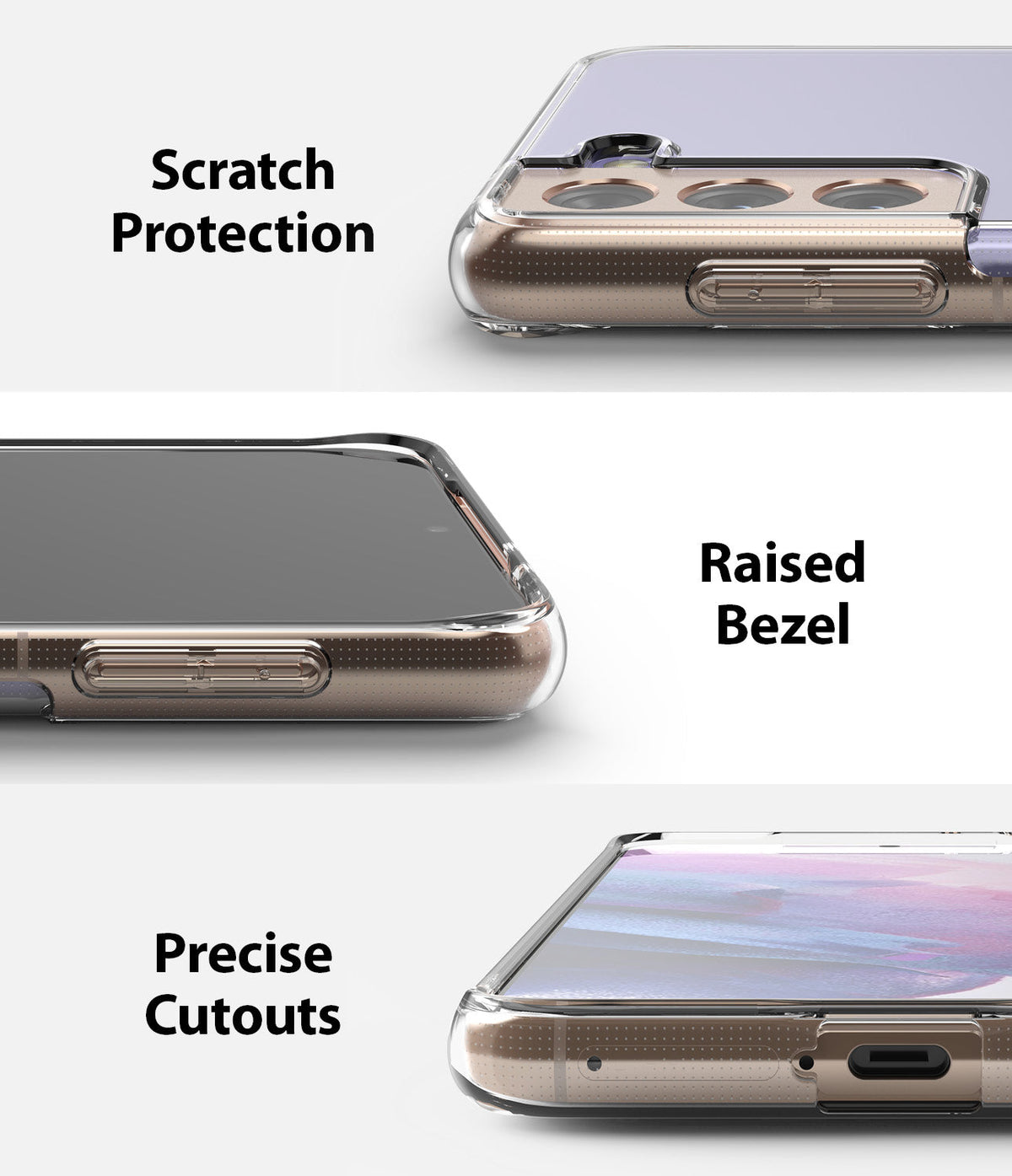 Galaxy S21 Plus Case | Air - Close-ups showing scratch protection, raised screen bezels, and precise port cutouts.