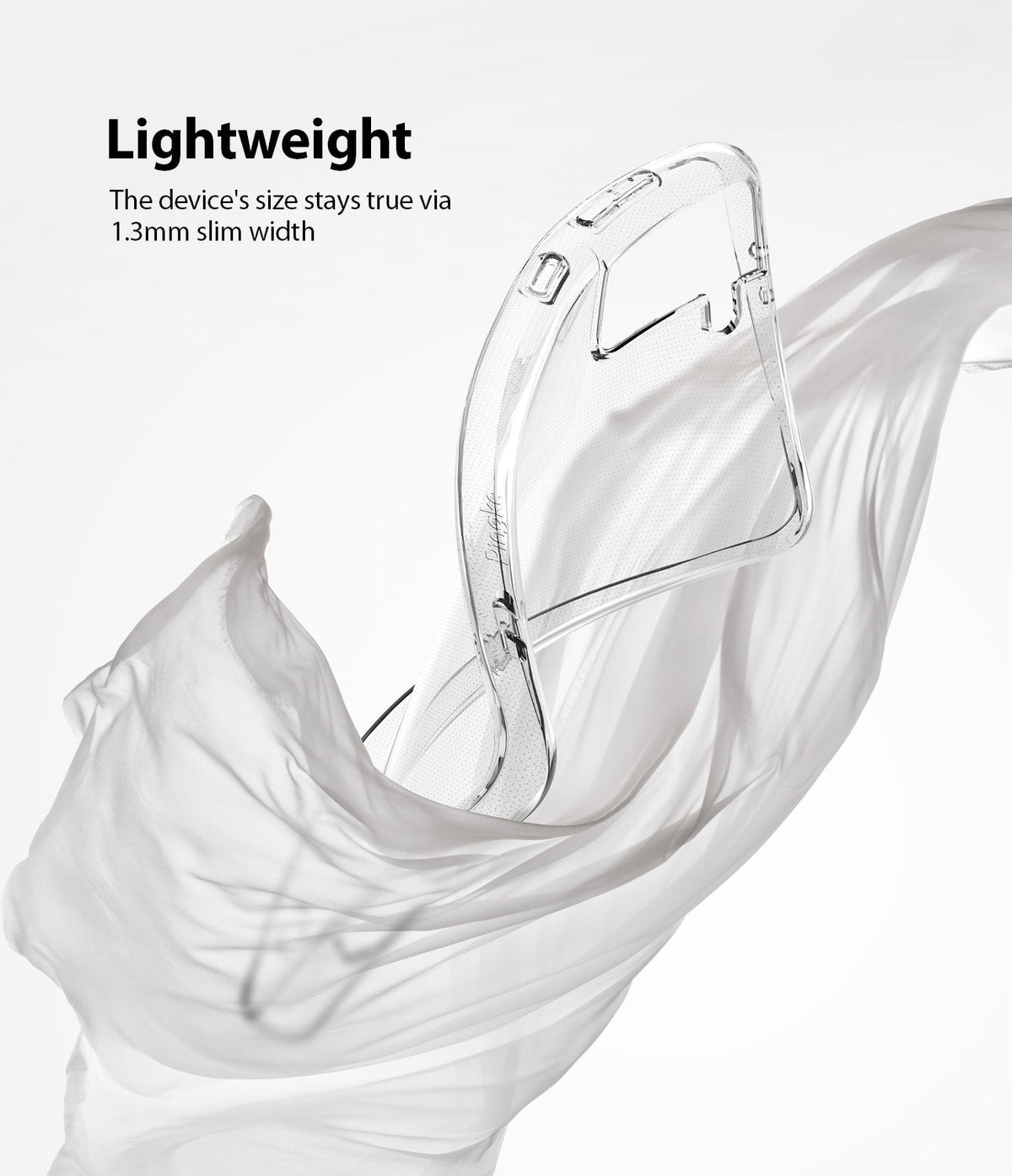 Galaxy S21 Plus Case | Air - A clear, slim phone case floating amidst flowing white fabric against a white background.