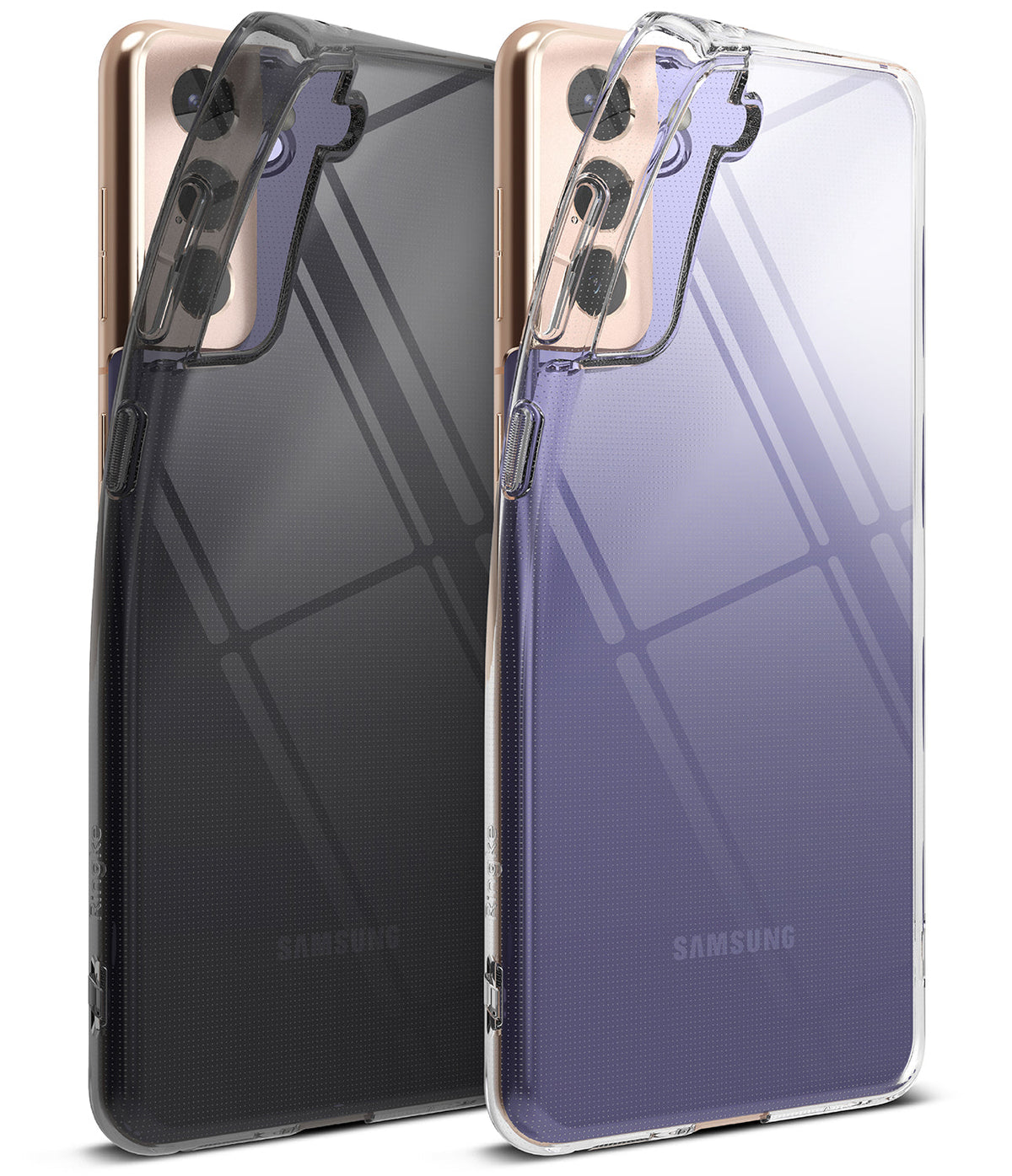 Galaxy S21 Plus Case | Air - Two Galaxy S21 Plus phones in black and clear cases showing the back camera and purple finish.