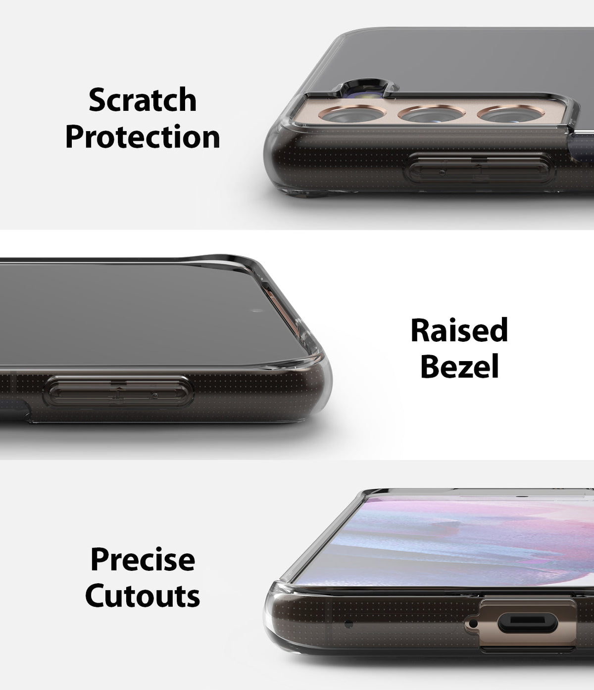 Galaxy S21 Plus Case | Air - Close-ups showing scratch protection, raised screen bezels, and precise port cutouts on a clear case.