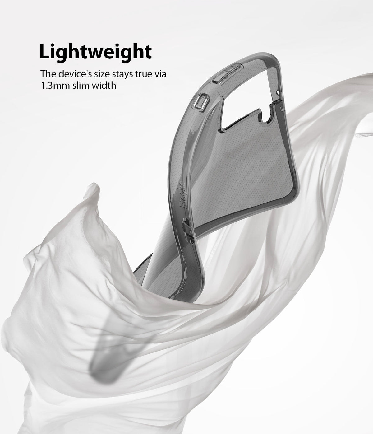 Galaxy S21 Plus Case | Air - A slim, translucent grey phone case floating amidst flowing white fabric.