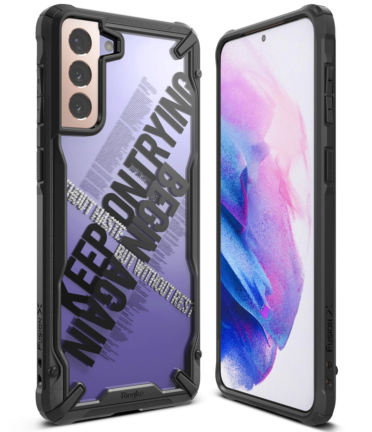 Galaxy S21 Plus Case | Fusion-X Design - Rugged black phone case with clear back featuring bold typography on a purple background.