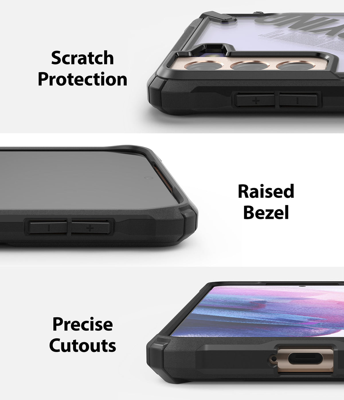 Galaxy S21 Plus Case | Fusion-X Design - Three close-up views showing scratch protection, raised bezels, and precise port cutouts.