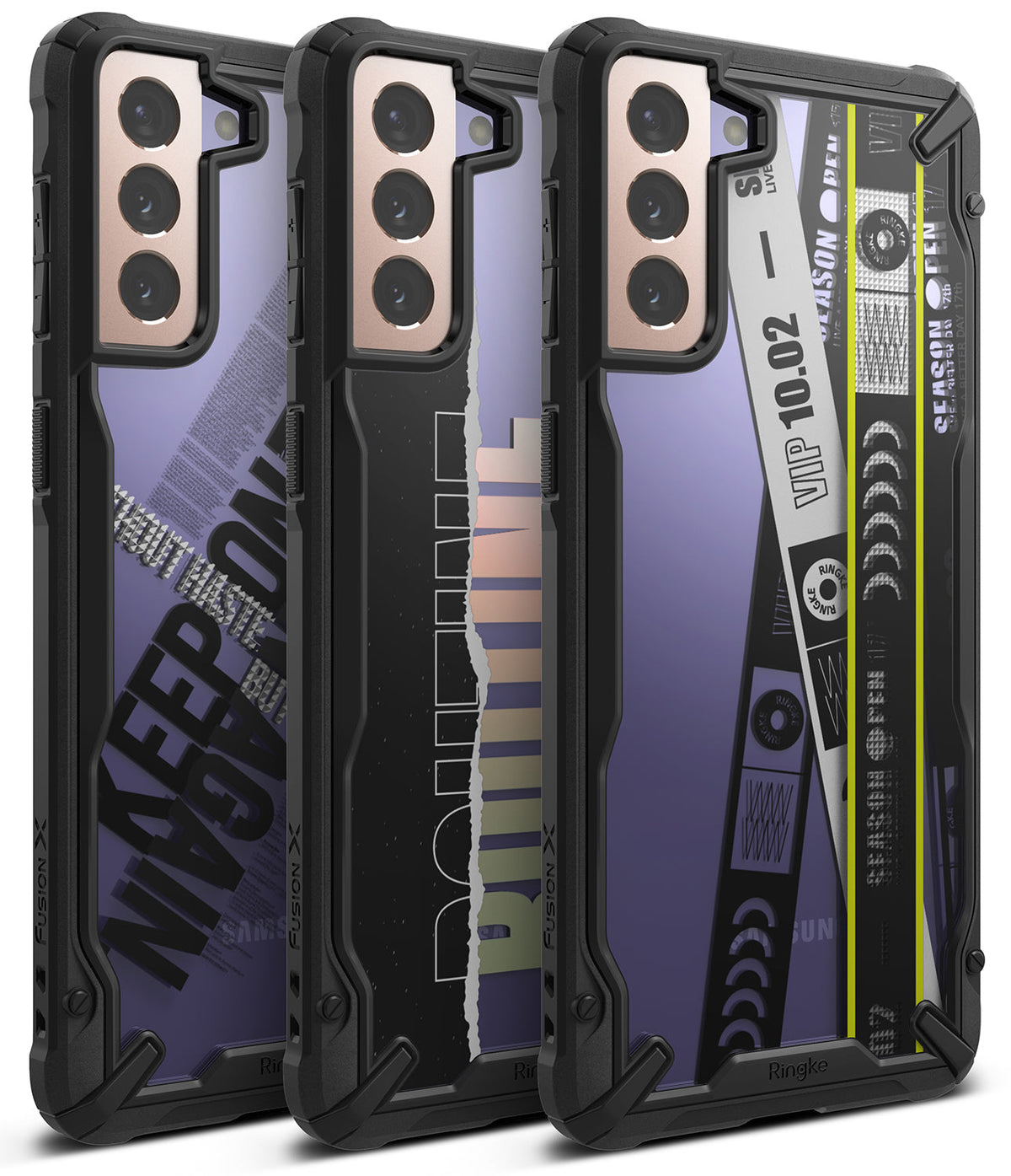 Galaxy S21 Plus Case | Fusion-X Design - Three Galaxy S21 Plus phones with black rugged cases featuring unique graphic back designs.