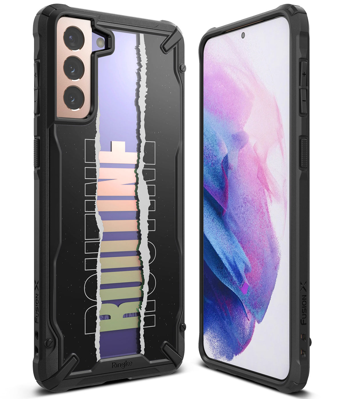 Galaxy S21 Plus Case | Fusion-X Design - Black protective phone case with a torn paper graphic and colorful gradient.