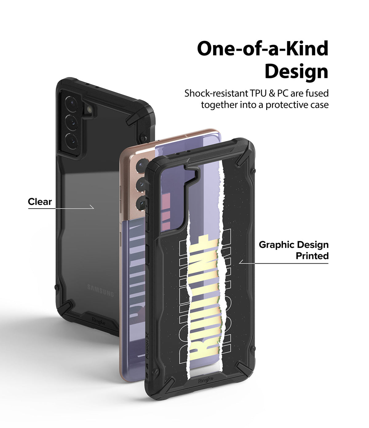 Galaxy S21 Plus Case | Fusion-X Design - Exploded view of a clear and graphic-printed protective phone case.