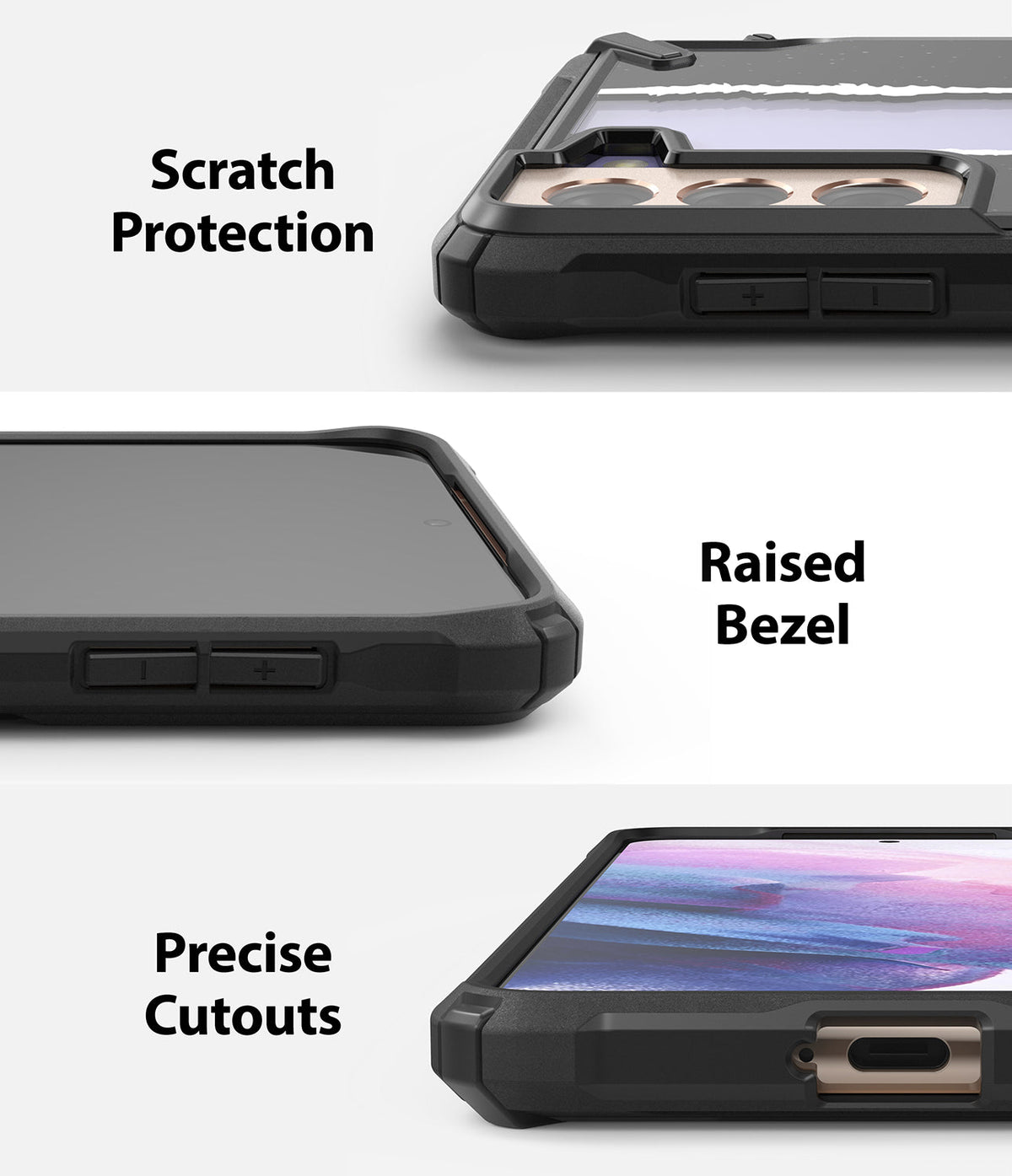 Galaxy S21 Plus Case | Fusion-X Design - Three close-up views highlighting scratch protection, raised bezels, and precise cutouts.