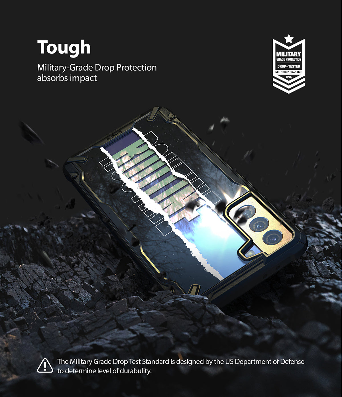 Galaxy S21 Plus Case | Fusion-X Design - Rugged phone case on dark, rocky ground with military-grade drop protection branding.