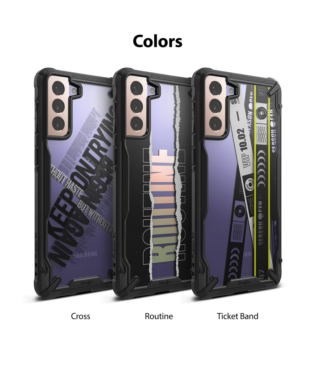 Galaxy S21 Plus Case | Fusion-X Design - Three Galaxy S21 Plus phones with Cross, Routine, and Ticket Band patterned cases.
