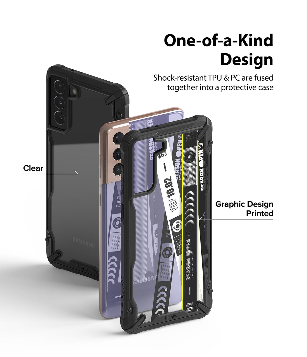 Galaxy S21 Plus Case | Fusion-X Design - Two Galaxy S21 Plus phones with clear and graphic-printed protective cases.