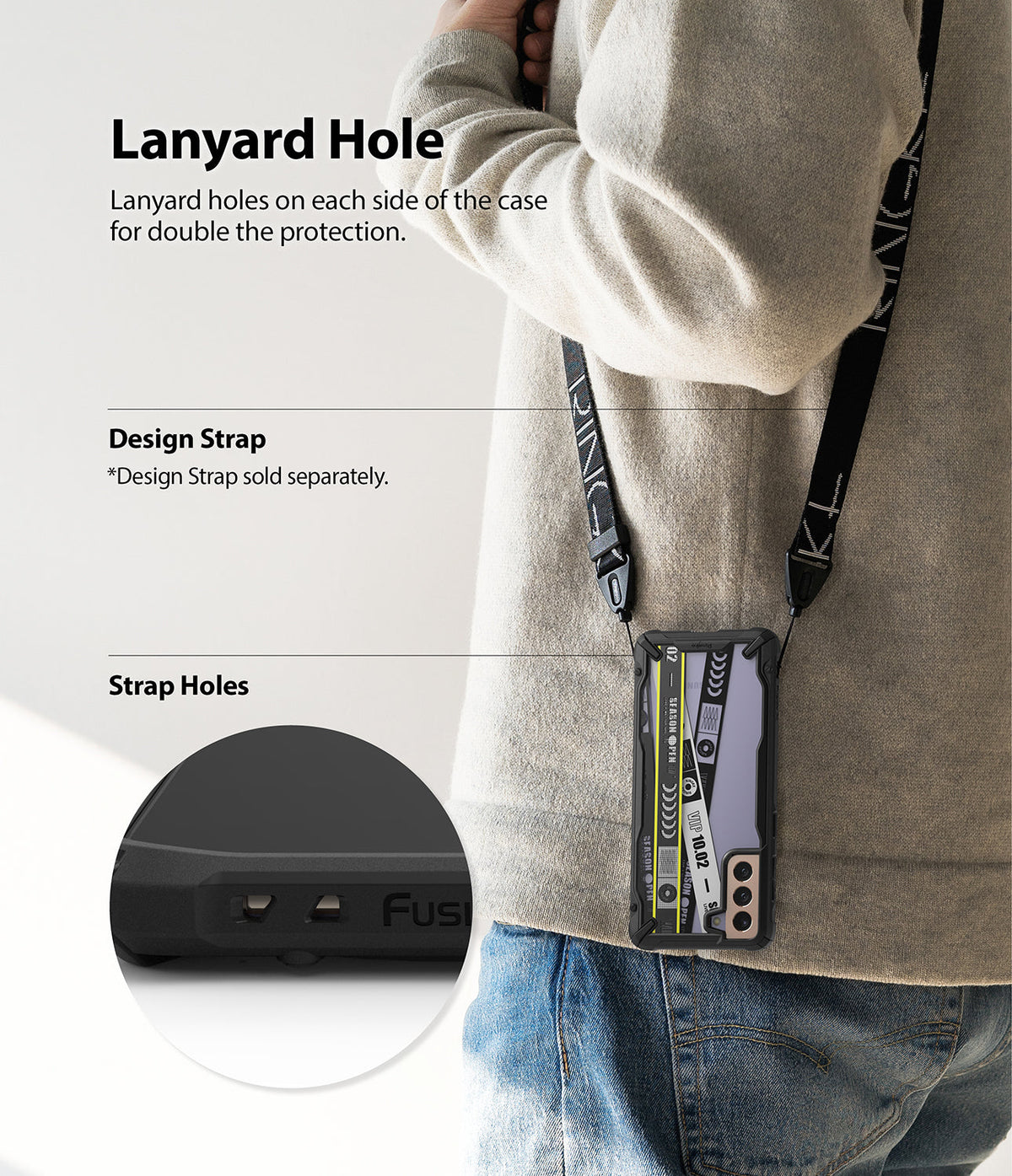 Galaxy S21 Plus Case | Fusion-X Design - Person wearing a phone case with a lanyard strap and a close-up of the strap holes.