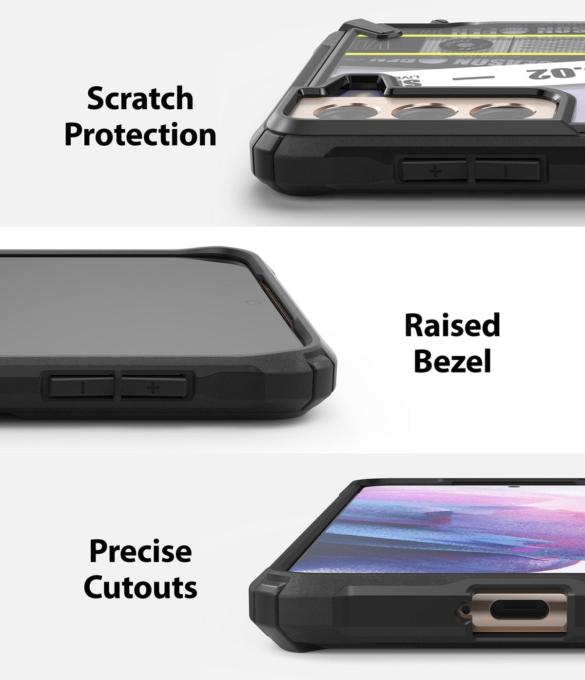 Galaxy S21 Plus Case | Fusion-X Design - Close-ups showing scratch protection, raised screen bezels, and precise port cutouts.