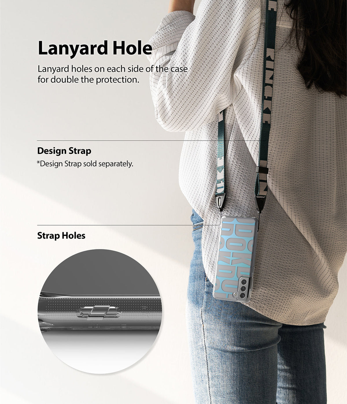 Galaxy S21 Plus Case | Fusion Design - Person wearing a phone case with a lanyard strap and a close-up of the strap holes.