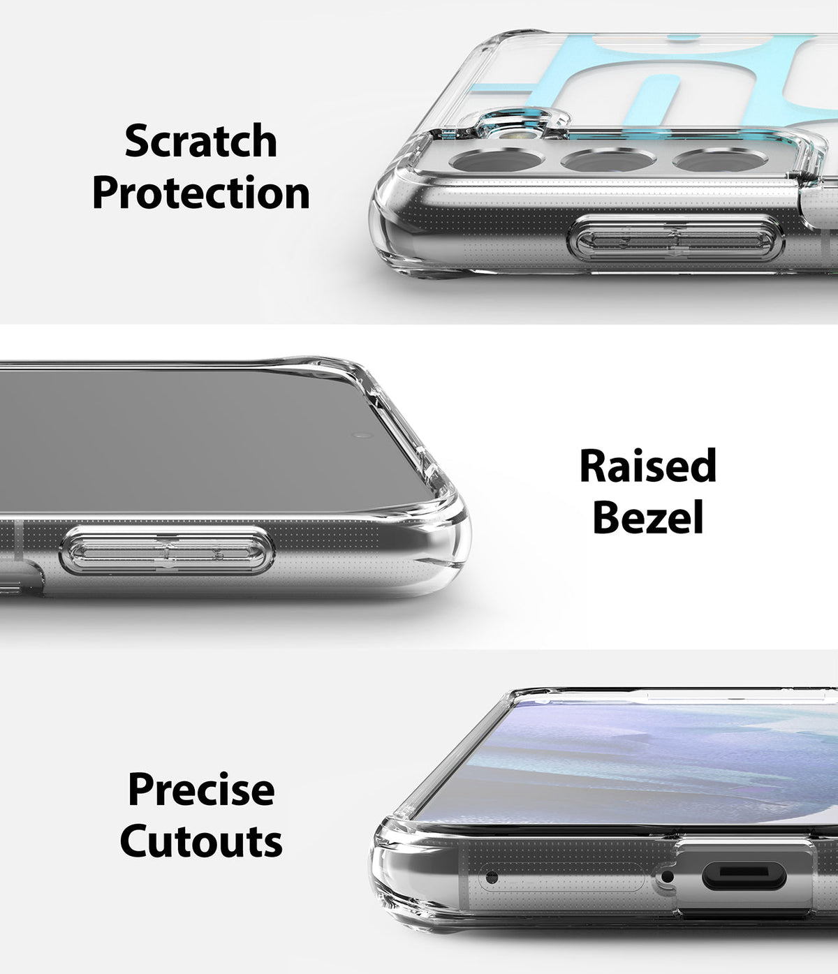 Galaxy S21 Plus Case | Fusion Design - Three close-up views showing scratch protection, raised bezels, and precise cutouts.