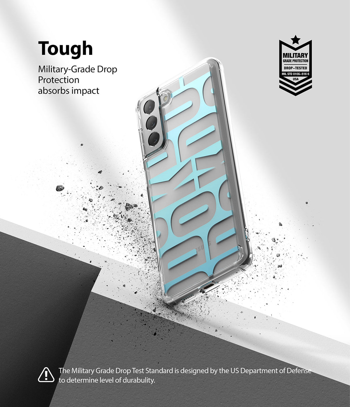 Galaxy S21 Plus Case | Fusion Design - Clear phone case with blue geometric pattern, military-grade protection badge, and debris.