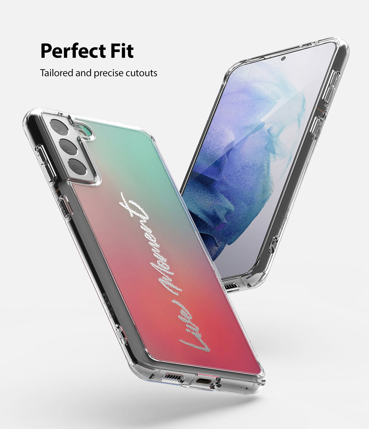 Galaxy S21 Plus Case | Fusion Design - Clear phone case with green-to-red gradient back and cursive text on a Galaxy S21 Plus.