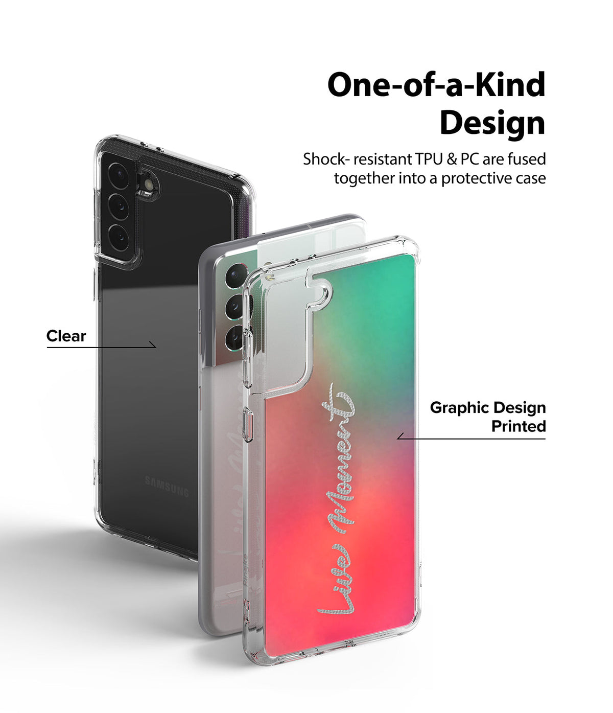 Galaxy S21 Plus Case | Fusion Design - Two clear phone cases, one plain and one with a green-to-red gradient and text.