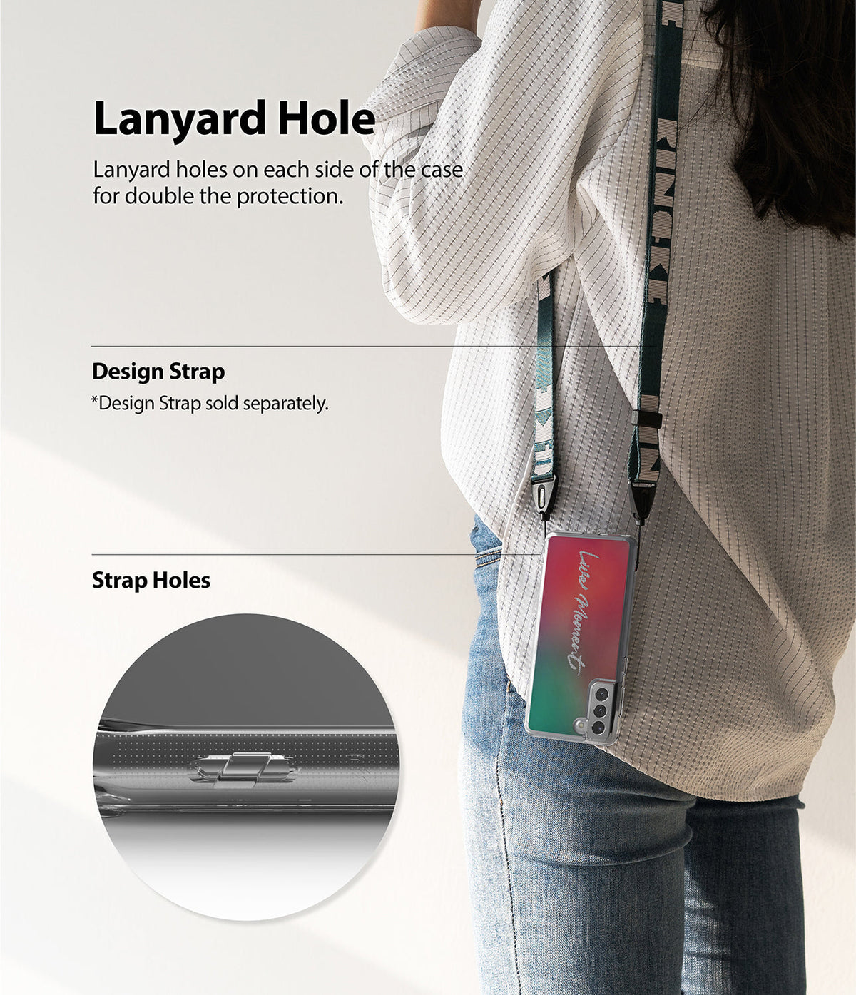 Galaxy S21 Plus Case | Fusion Design - Person wearing a phone case with a lanyard strap, highlighting dual strap holes.