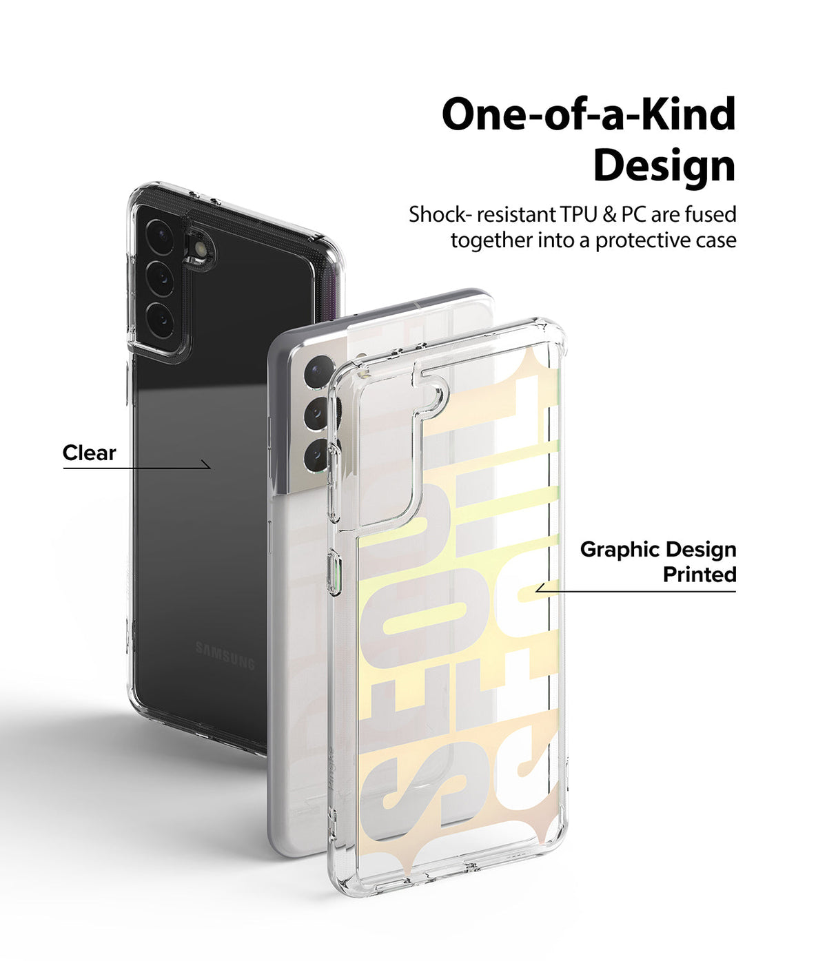 Galaxy S21 Plus Case | Fusion Design - Two clear phone cases showing shock-resistant TPU and PC construction with printed graphics.