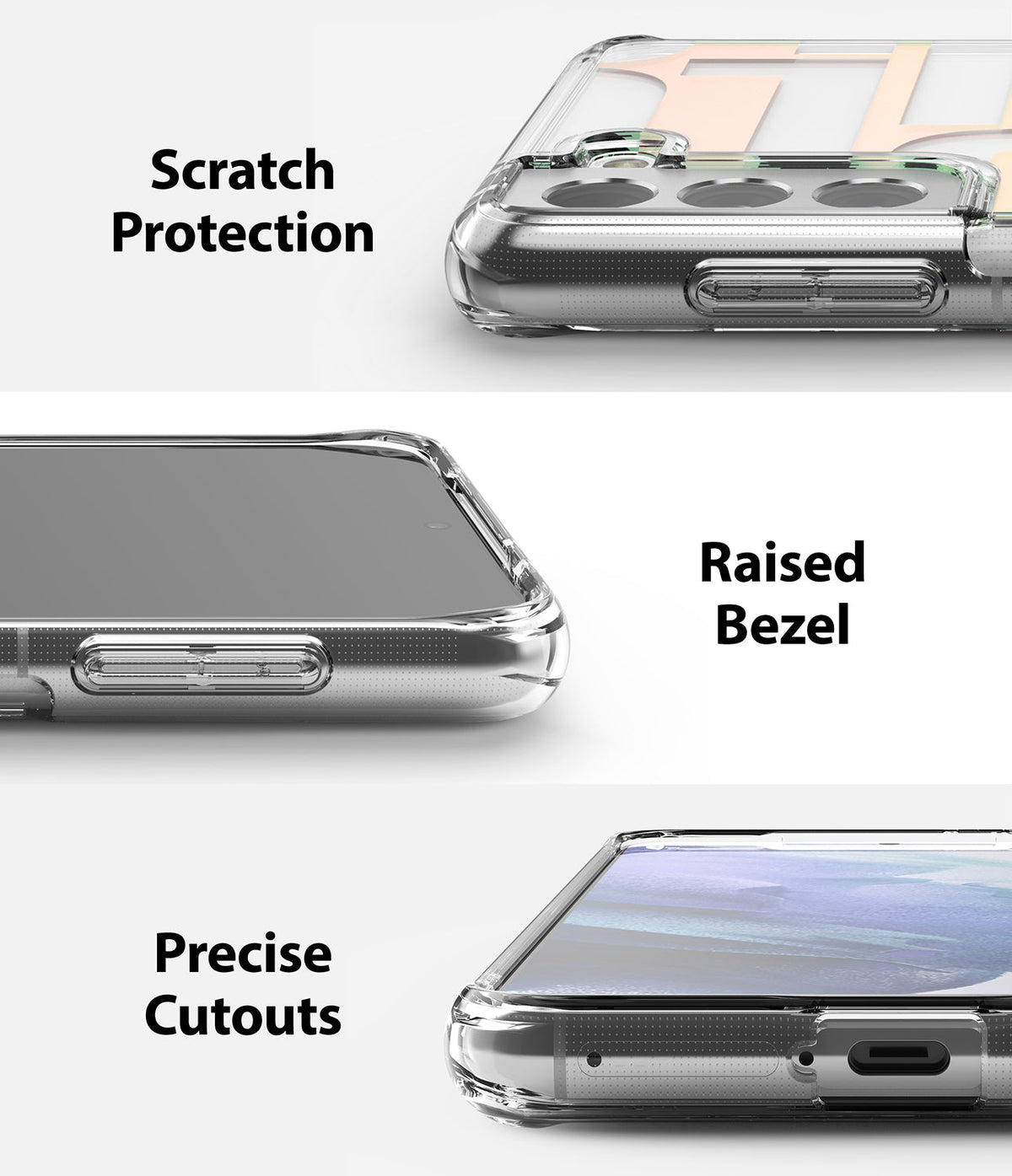 Galaxy S21 Plus Case | Fusion Design - Close-ups of a clear phone case highlighting scratch protection, raised bezels, and precise cutouts.