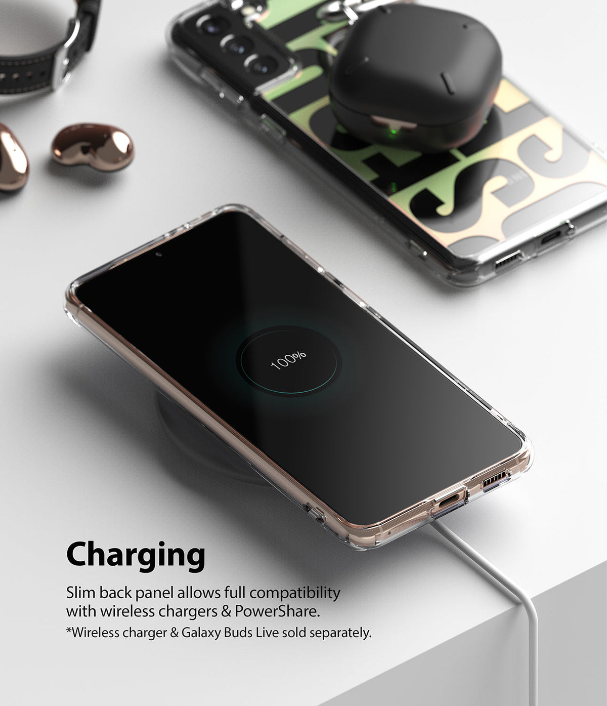Galaxy S21 Plus Case | Fusion Design - Smartphone in a clear case wirelessly charging on a white surface with earbuds.