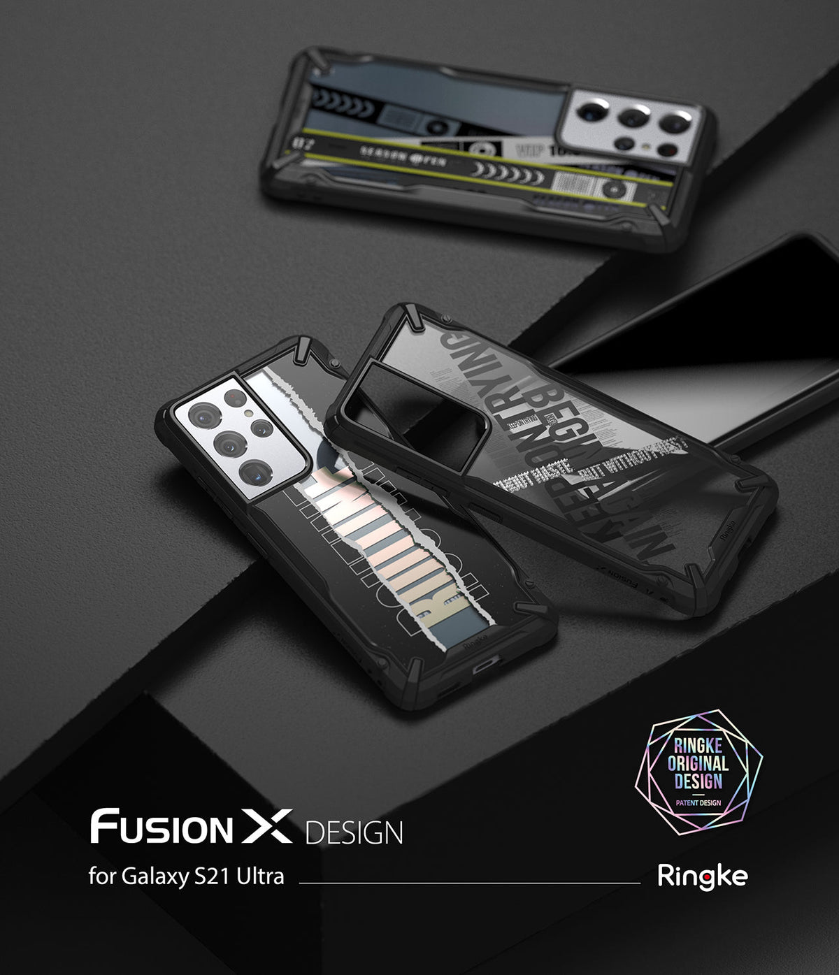 Galaxy S21 Ultra Case | Fusion-X Design - Three Galaxy S21 Ultra phones with patterned Fusion-X cases on a dark surface.