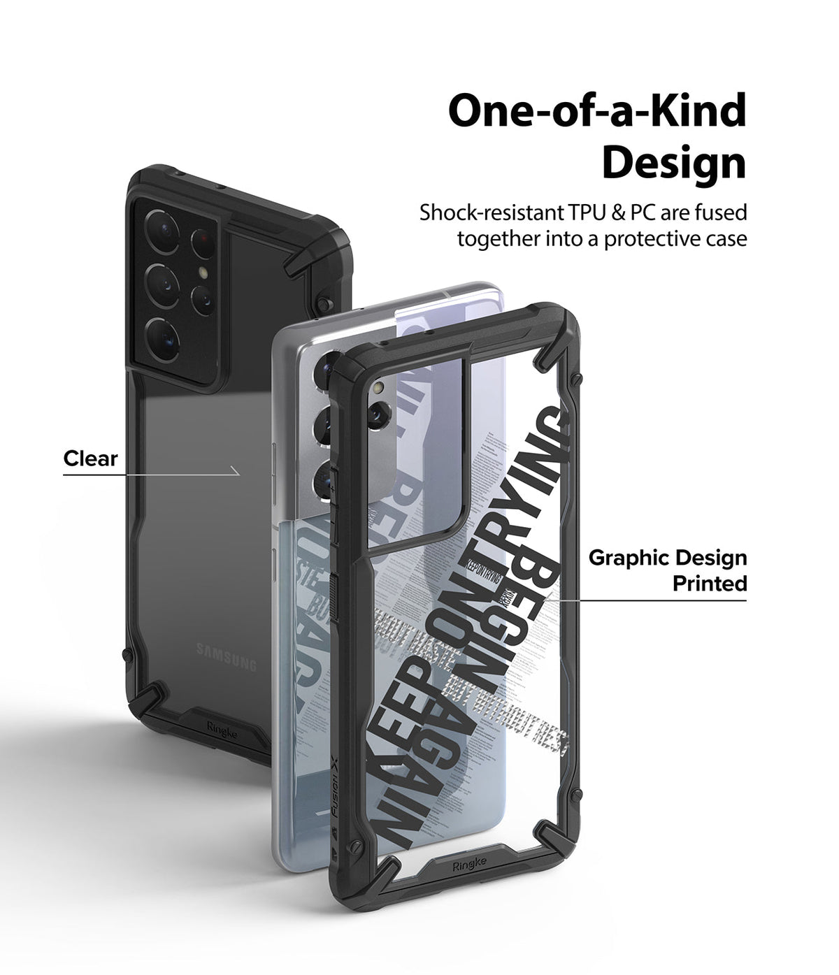 Galaxy S21 Ultra Case | Fusion-X Design - Two Galaxy S21 Ultra phones with clear and graphic-printed protective cases.