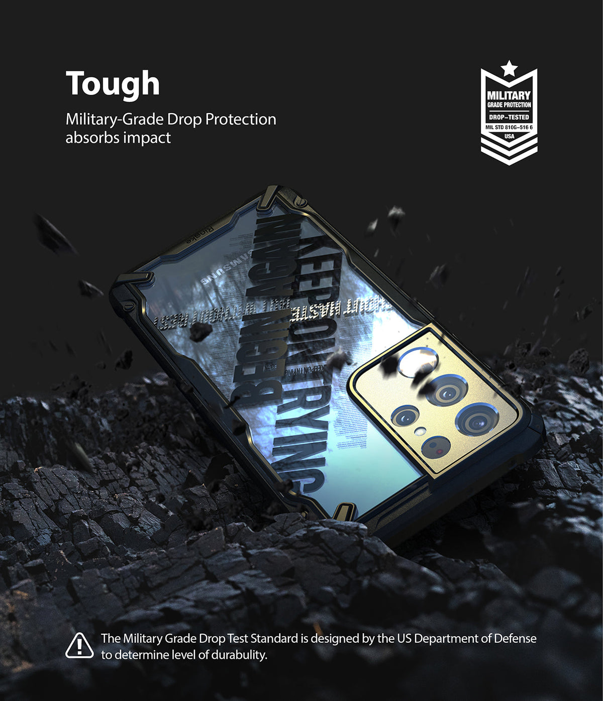 Galaxy S21 Ultra Case | Fusion-X Design - Rugged phone case on dark, rocky ground with military-grade protection text.