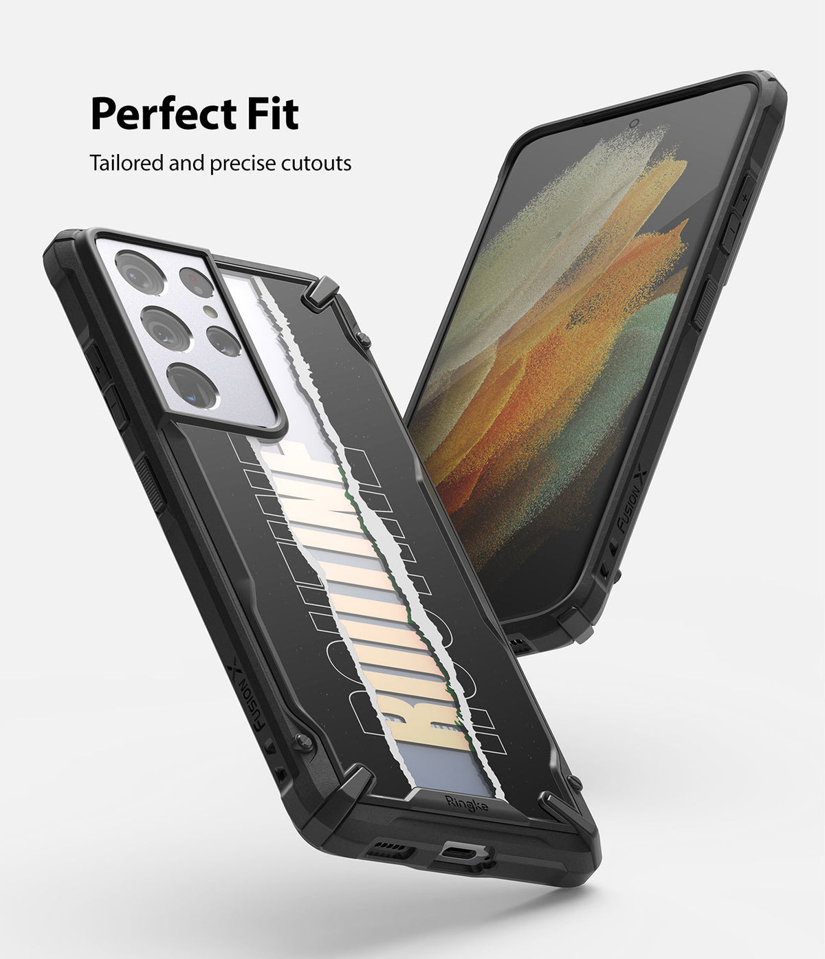 Galaxy S21 Ultra Case | Fusion-X Design - Two Galaxy S21 Ultra phones in black Fusion-X cases showing precise cutouts.