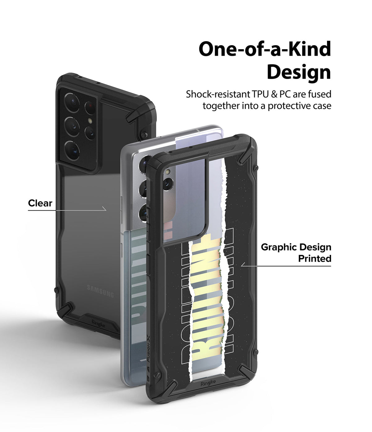 Galaxy S21 Ultra Case | Fusion-X Design - Exploded view of a clear and a graphic-printed protective phone case.
