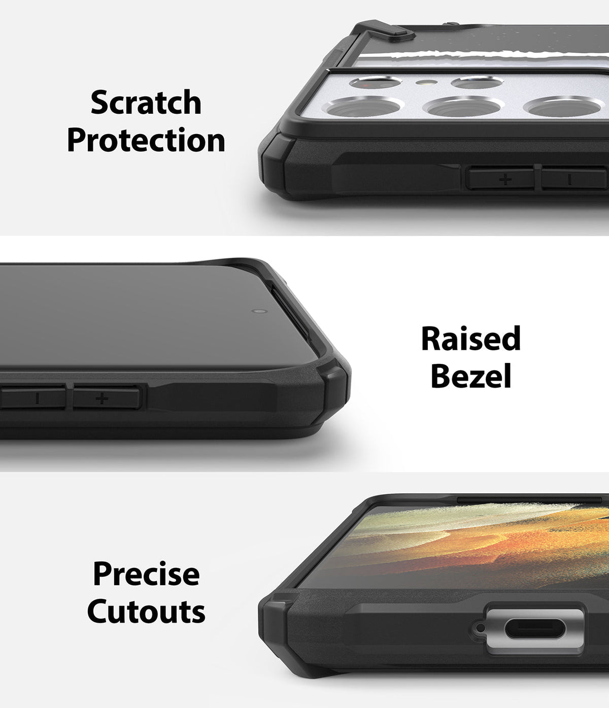 Galaxy S21 Ultra Case | Fusion-X Design - Close-ups showing scratch protection, raised bezels, and precise port cutouts.