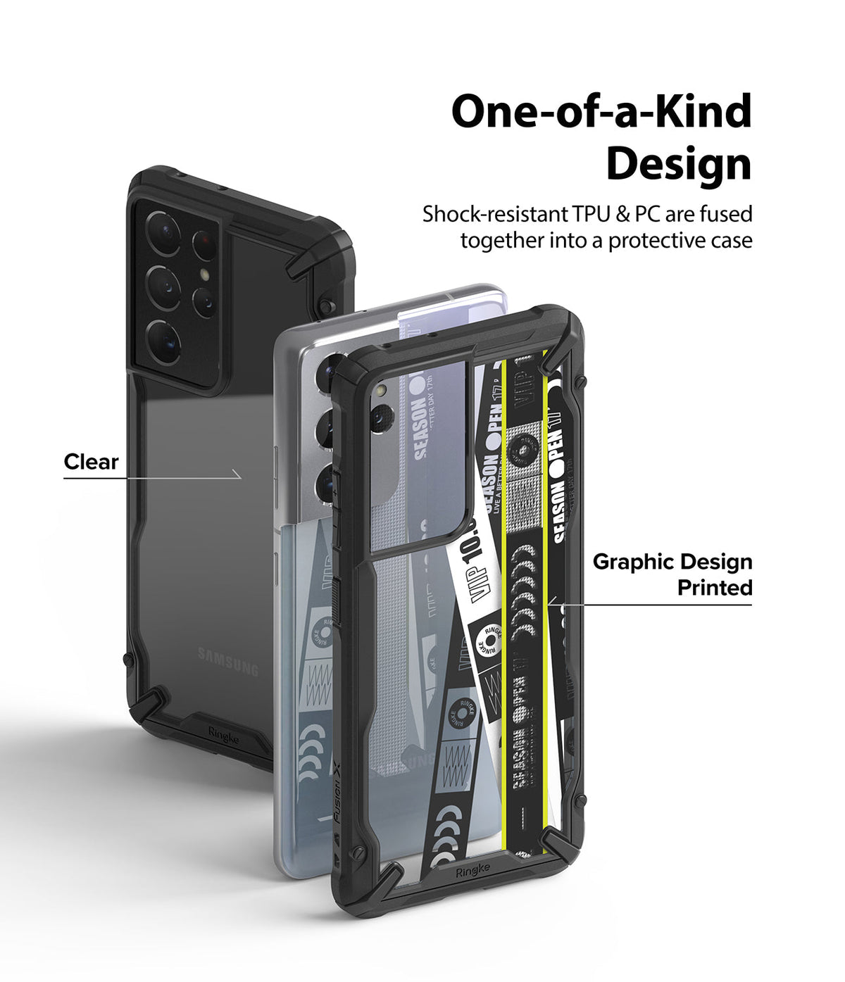Galaxy S21 Ultra Case | Fusion-X Design - Clear and graphic-printed protective phone cases shown from the back.
