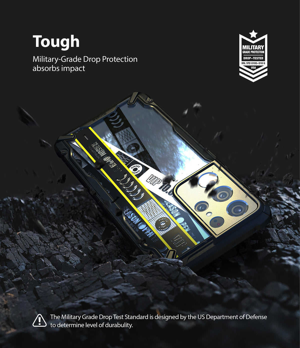 Galaxy S21 Ultra Case | Fusion-X Design - Rugged phone case with military-grade protection resting on dark debris.