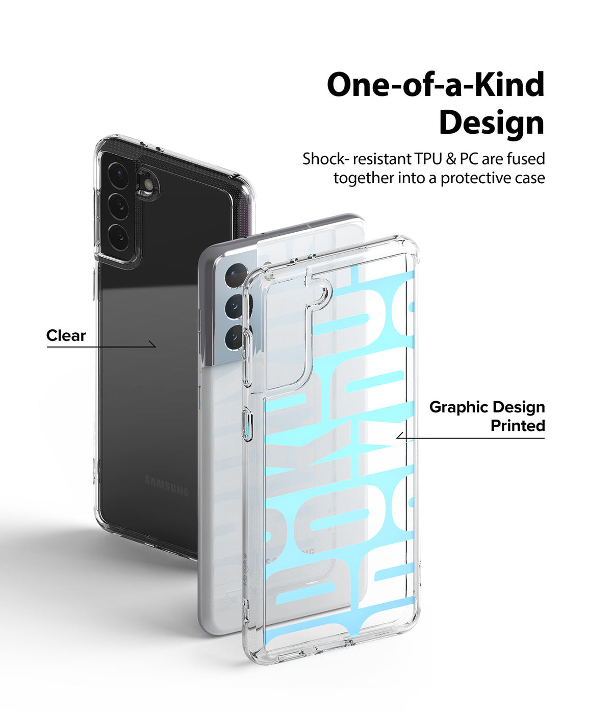 Galaxy S21 Case | Fusion Design - Clear and graphic-printed protective phone cases shown with labels for TPU and PC materials.
