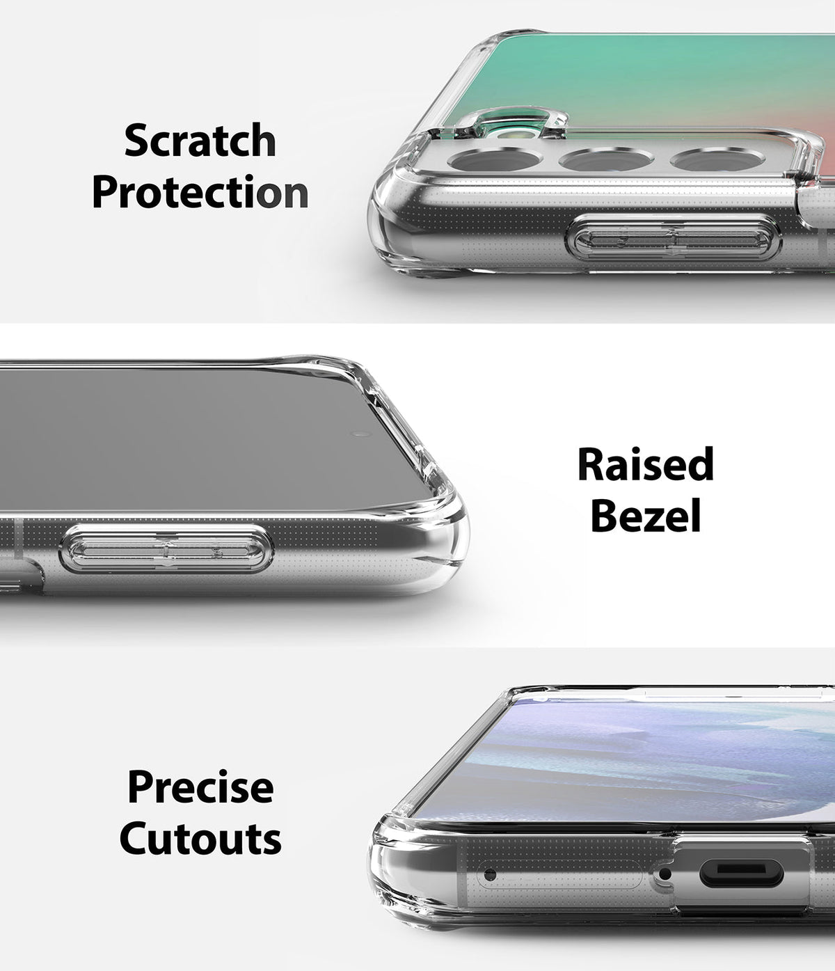 Galaxy S21 Case | Fusion Design - Three close-up views of a clear phone case highlighting scratch protection, raised bezels, and precise cutouts.